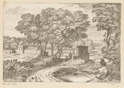 Arcadisch landschap met twee vrouwen bij een fontein