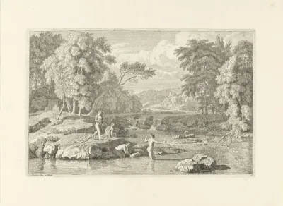 Arcadisch landschap met vier badende vrouwen