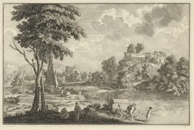 Arcadisch landschap met vijf badende vrouwen