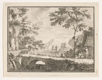 Arcadisch landschap met vissers bij een stenen brug