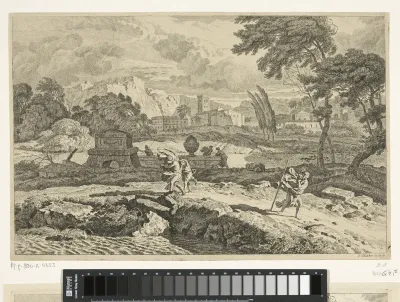 Arcadisch landschap met wandelaars in een storm