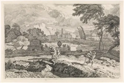 Arcadisch landschap met wandelaars in een storm