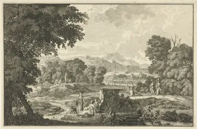 Arcadisch landschap met zes vrouwen bij een tombe