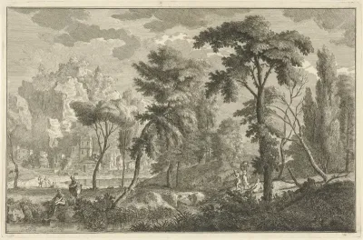 Arcadisch rivierlandschap met badende mannen