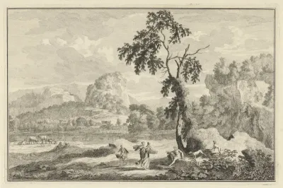 Arcadisch rivierlandschap met diverse figuren bij een boom