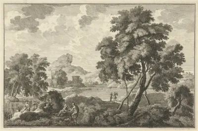 Arcadisch rivierlandschap met engel en tempel