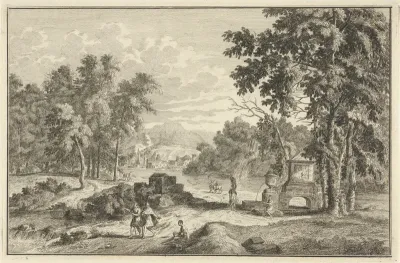 Arcadisch rivierlandschap met figuren bij een bron