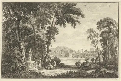 Arcadisch rivierlandschap met figuren die een beeld aanbidden