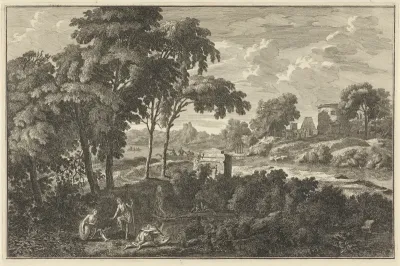Arcadisch rivierlandschap met figuren die water halen