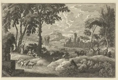 Arcadisch rivierlandschap met figuren en een kudde dieren
