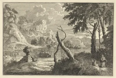 Arcadisch rivierlandschap met gebroken boom