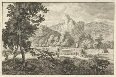 Arcadisch rivierlandschap met herders en twee vrouwen met was