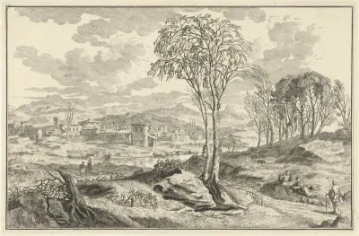 Arcadisch rivierlandschap met stad aan een rivier