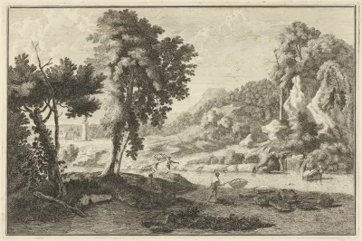 Arcadisch rivierlandschap met vissers