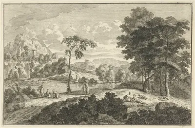 Arcadisch rivierlandschap met waterval en diverse figuurgroepen