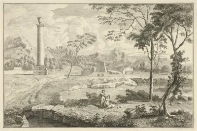 Arcadisch rivierlandschap met zuil