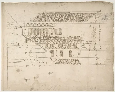 Arch of Camigliano, cornice, elevation in profile, ornamental detailing (recto) Unidentified, Doric capital; Arch of Camigliano, cornice, profile, sketch (verso)