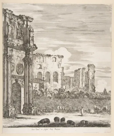 Arch of Constantine and Colosseum with sheep grazing in foreground, from "Six large views, four of Rome, and two of the Roman countryside" (Six grandes vues, dont quatre de Rome et deux de la Campagne romaine)