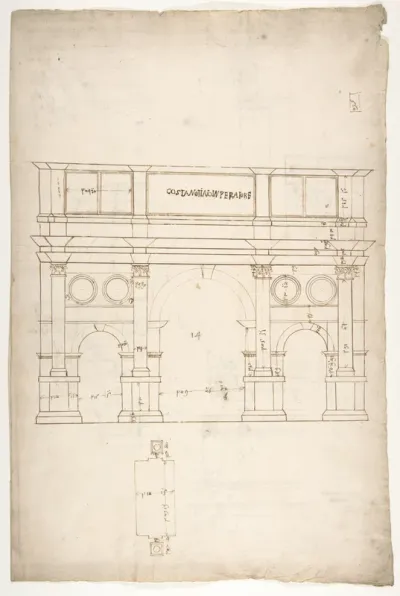 Arch of Constantine, elev, partial plan (recto) Arch of Constantine, profiles of base, shaft and entablature (verso)