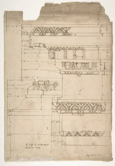 Arch of Septimius Severus, entablature, elevation; attic, base, elevation (recto) Arch of Septimius Severus, archivolt, elevation; impost, elevation; entablature, elevation; column base, elevation; column, plan (verso)