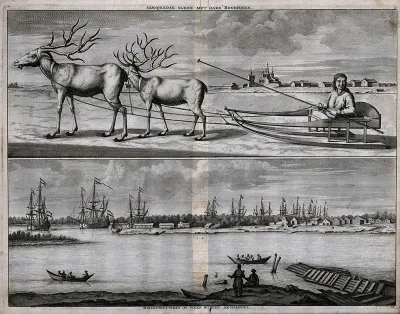 Archangel: (above) two reindeer harnessed to a sledge which a boy is driving; (below) ship building docks and ferry