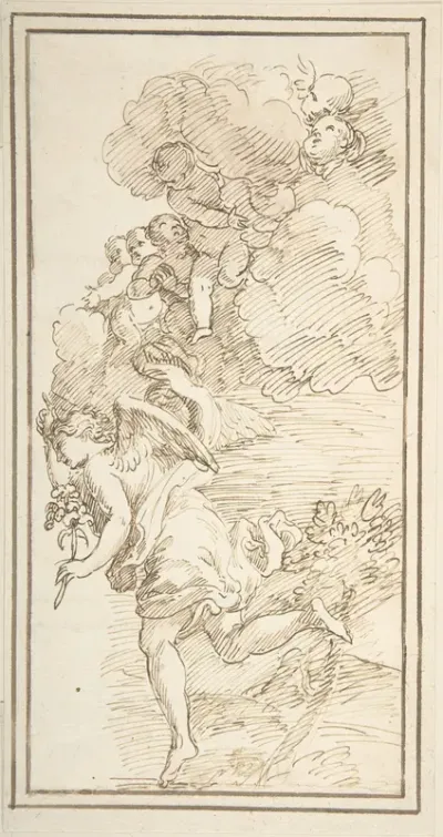 Archangel Holding a Lily in a Landscape with Clouds Bearing Putti (Fragment of a Scene of the Annunciation)