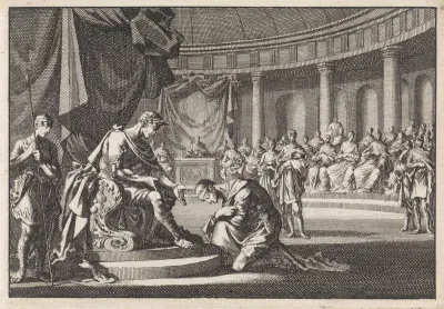 Archelaüs, zoon van Herodes, knielt te Rome voor keizer Augustus