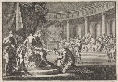 Archelaüs, zoon van Herodes, knielt te Rome voor keizer Augustus