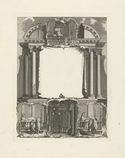 Architectonische gevel met illustraties van een synagoge-interieur