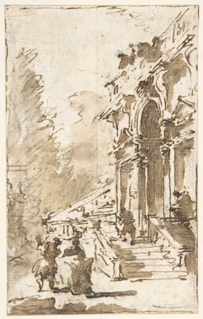 Architectural Capriccio: Garden Entrance to a Palace (recto); Three Masked and Costumed Figures and Other Figure Studies (verso)