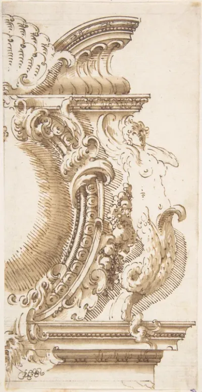 Architectural Design with a Cartouche Flanked by a Siren