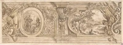 Architectural Design with a Decorated Frieze Containing a History Scene and Landscape
