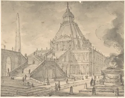 Architectural Fantasy: Temple-like Building with Colonnades, a Monumental Staircase, and a Burnt Offering (Sacrifice) in the Foreground