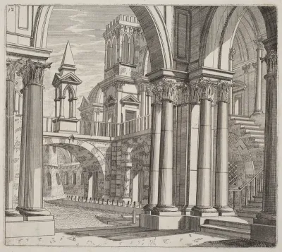 Architectural Fantasy with Buildings, Stairways, and Portals beside a Canal