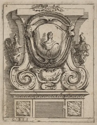 Architectural Motif with Bust and Two Lamps