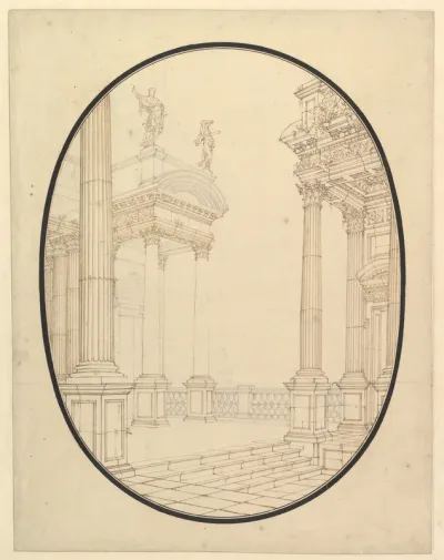 Architectural Perspective, in an Oval: Porch of a Palace with Corinthian Columns