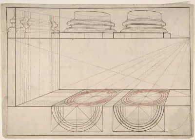 Architectural Perspective Study Showing Two Column Bases (recto); Architectural Perspective Study Showing Column Capital and a Measurement Key (verso)