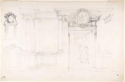 Architectural Sketch for the design of a Wall with Doorway, with two smaller sketches for the design of windows or doorways (recto); Sketches for a plan and partial perspective view of ceiling (verso)