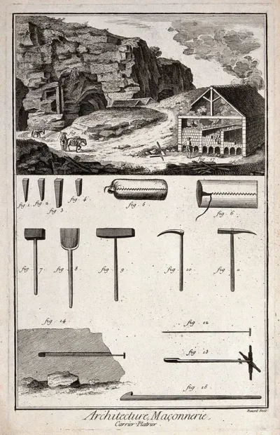 Architecture: a stone quarry (above), details of equipment (below)