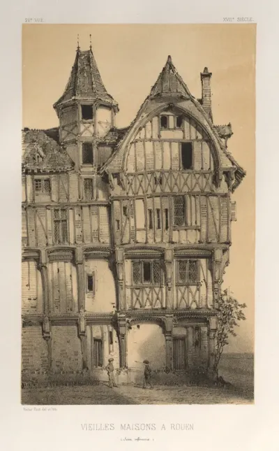 Architecture Pittoresque ou Monuments des xveme. Et xvieme. Siecles: Chateaux De France des XV et XVI Siecles: Pl. 21, Vielles Maisons A Rouen (Seine-Inferieure)