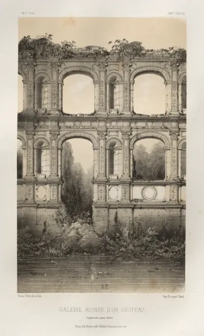 Architecture Pittoresque ou Monuments des XVeme. Et XVIeme. Siecles: Chateaux de France des XV et XVI Siecles: Pl. 74, Galerie Ruinée D'Un Château, d'aprés un vieux dessin