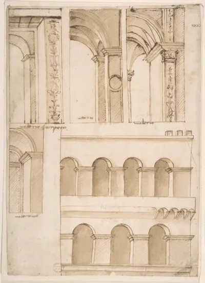 Architecture Study containing Details of One or Several Buildings (possibly part of the street-facing architecture of old Saint Peter's Square in Rome)