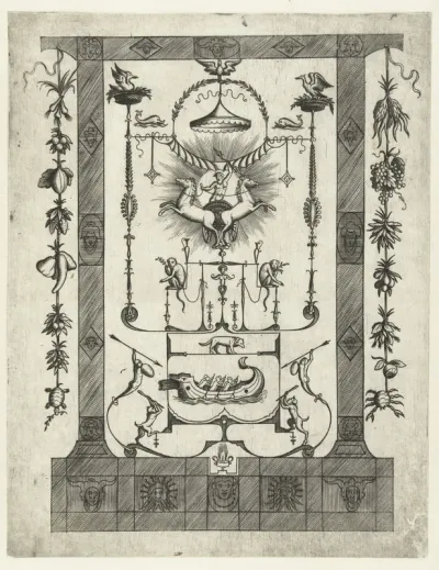 Architectuurfantasie met bovenaan Saturnus in zijn praalwagen