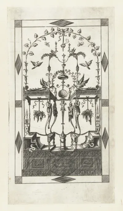Architectuurfantasie met bovenaan vier vogels
