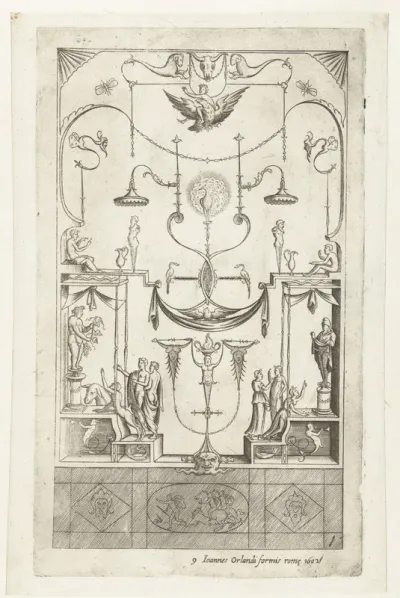 Architectuurfantasie met bovenin Ganymedes op de adelaar