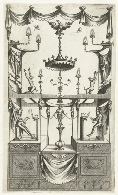 Architectuurfantasie met linksonder en rechtsonder een lezend figuurtje.