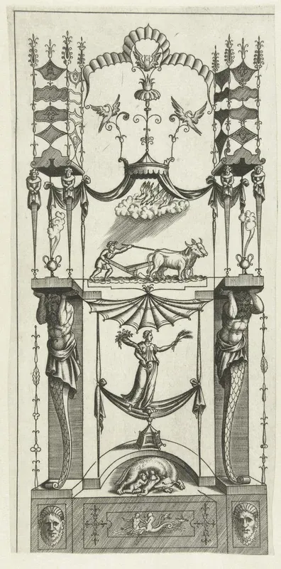 Architectuurfantasie met onderaan Romulus en Remus