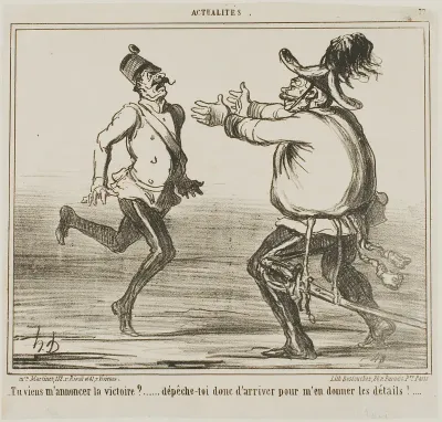 “- Are you coming to announce victory?... hurry up and give me the details!....,” plate 77 from Actualités