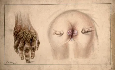 Area of diseased tissue around the anus of a four-year-old girl, with a detail showing the diseased hand of the child's mother (?) Watercolour by C