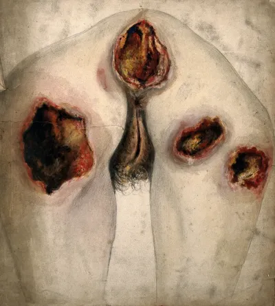 Areas of severely diseased tissue on the buttocks and genitals of a woman